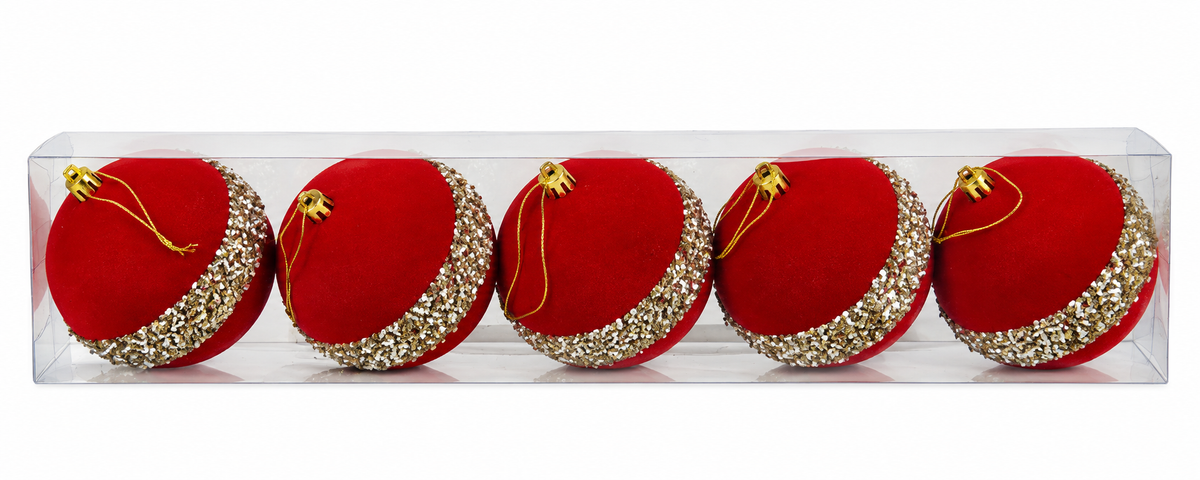 Set 5 Palline Natalizie Rosse 10 cm con Decoro Glitter
