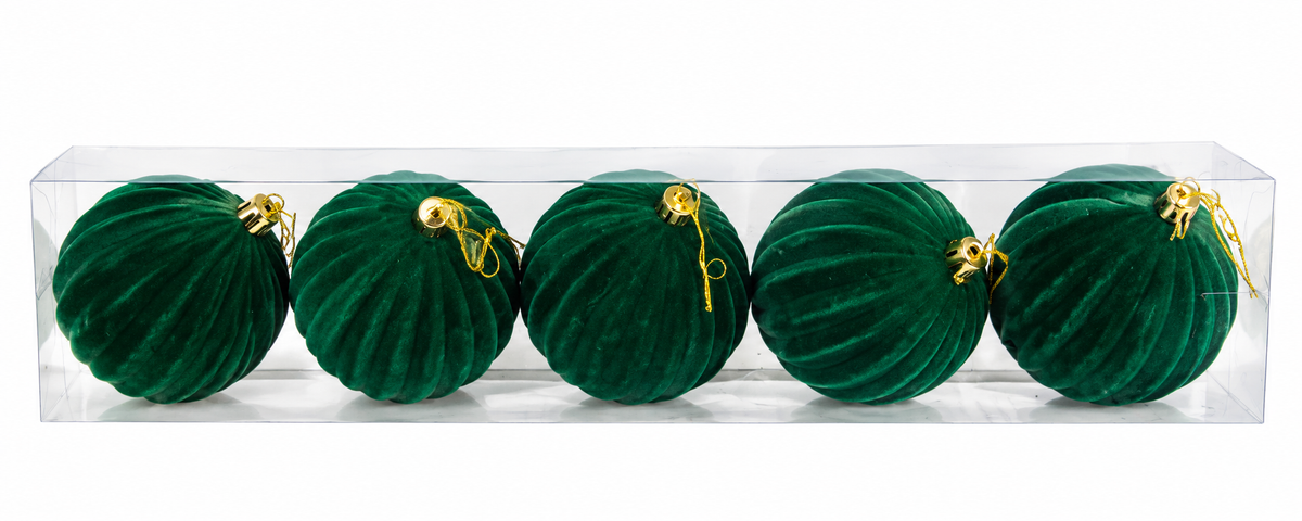 Set 5 Palline Natalizie Verde Scuro in Velluto 10 cm