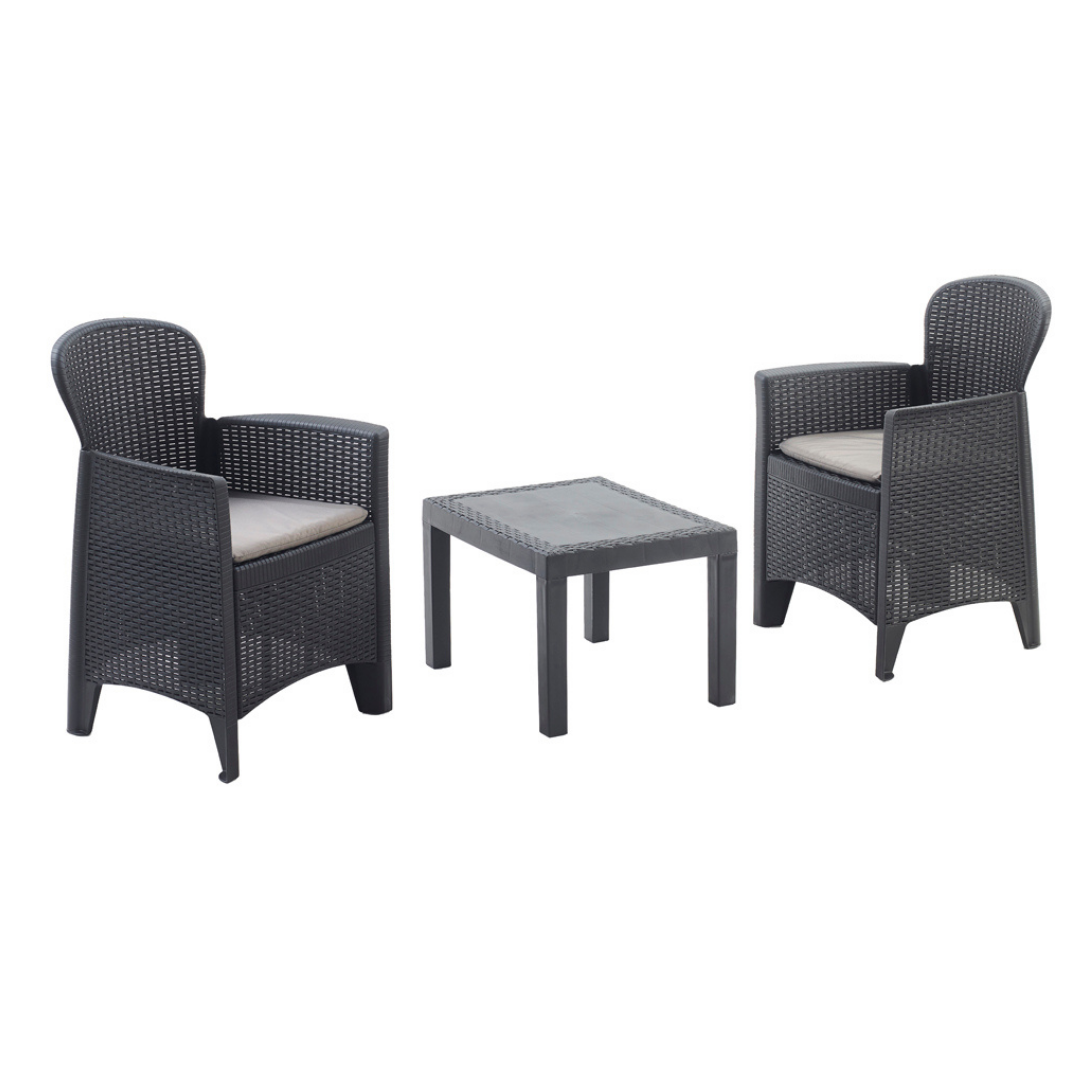 Salottino Giardino 2 Poltrone con Cuscini + Tavolino Contenitore - Set Tree Linea Rattan