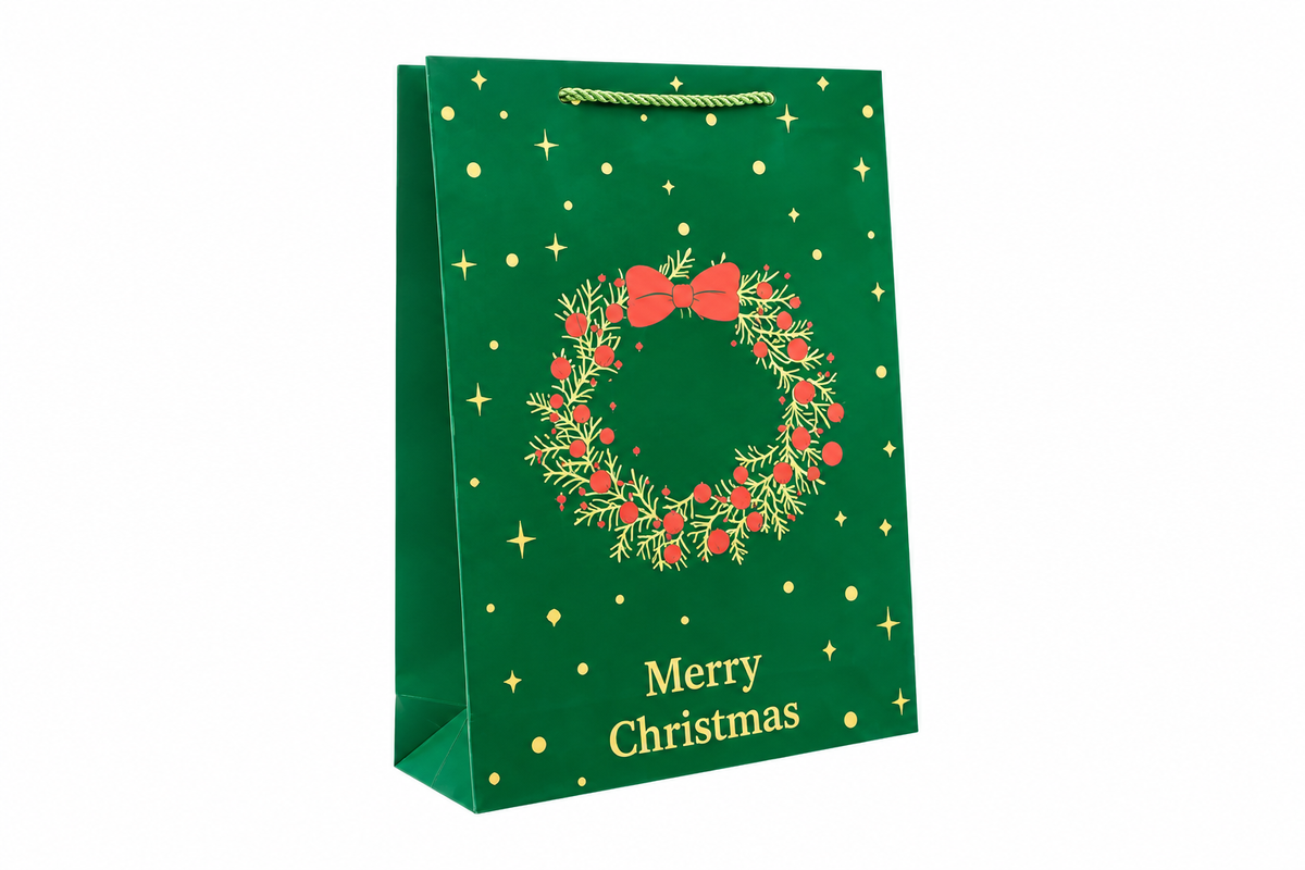 Busta Regalo Natalizia Verde Floccata Merry Christmas | Varie Misure