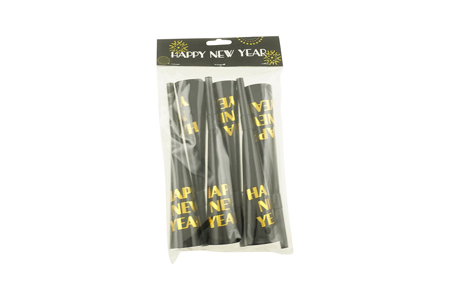 Set 6 Trombette Party Happy New Year Nero e Oro
