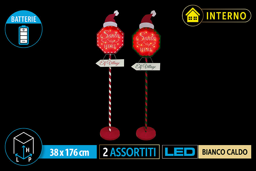 Cartello Natalizio LED Santa Stop Here 176 cm a Batteria