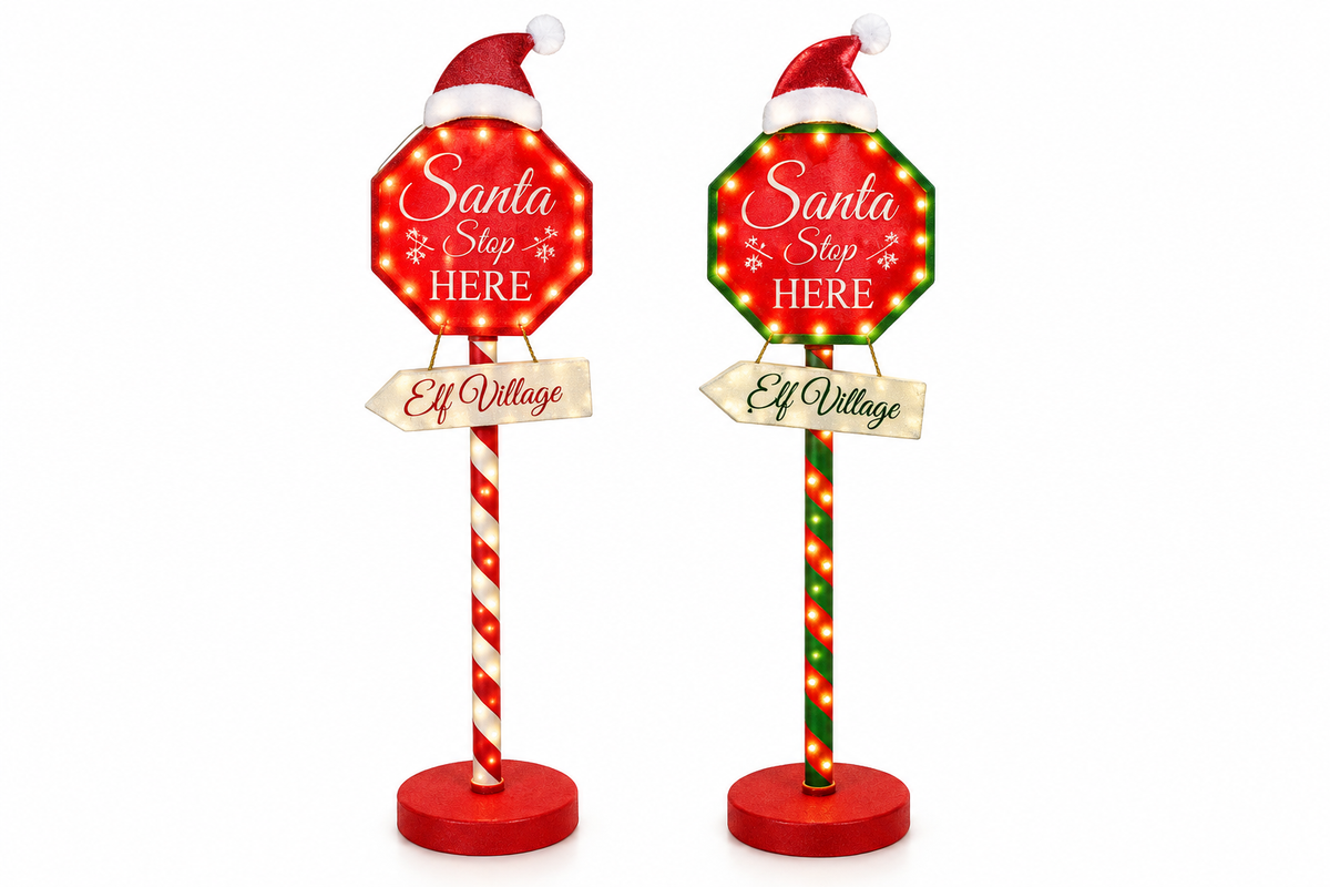 Cartello Natalizio LED Santa Stop Here 176 cm a Batteria