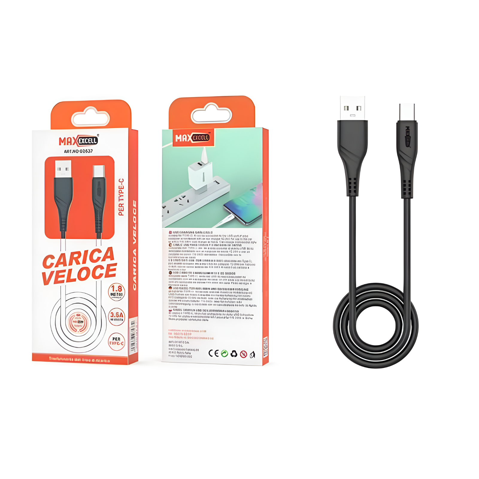 Cavo USB Type-C Max Excell 3.5A Nero Ricarica Veloce
