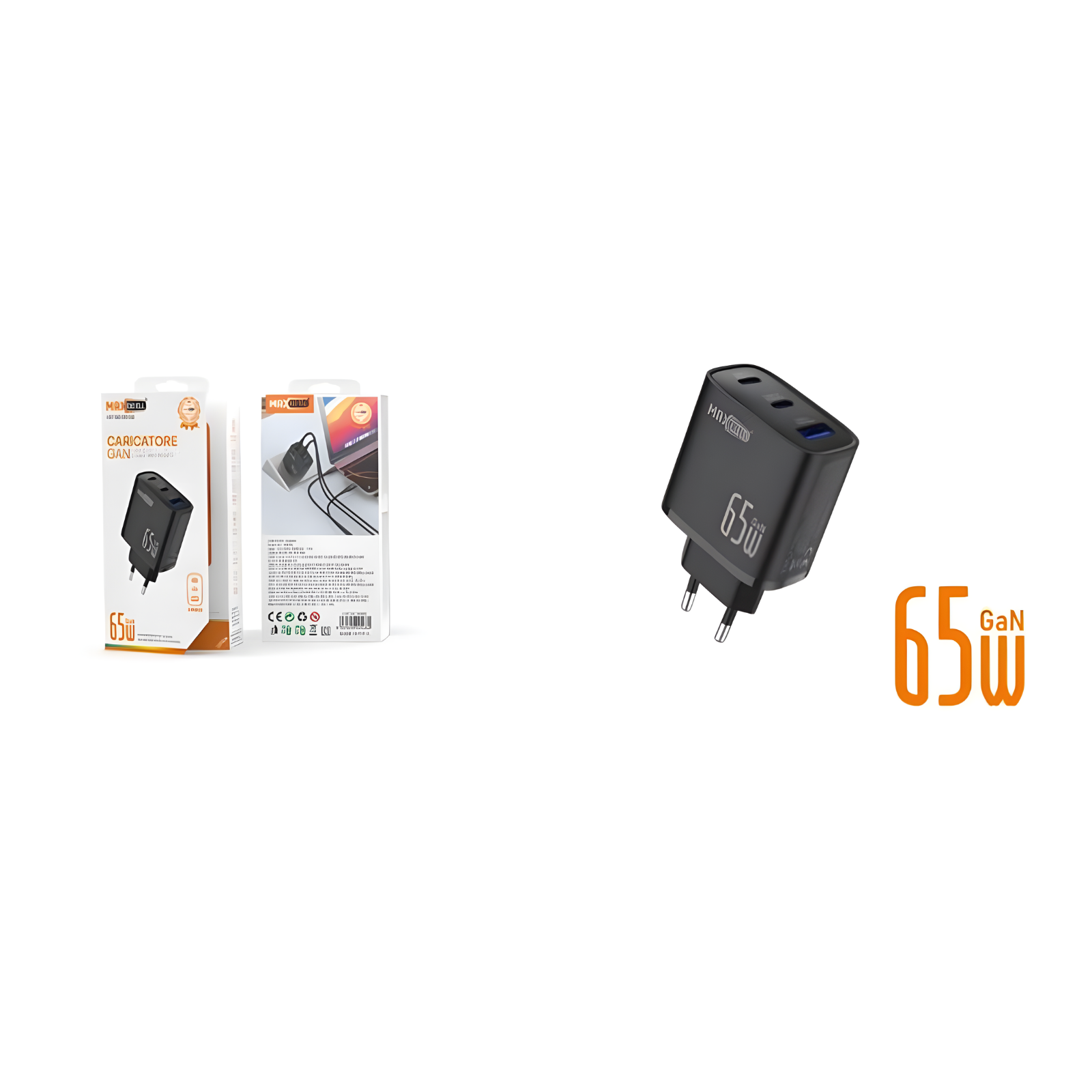 Caricatore Max Excell GaN 65W USB-C + USB-A Ricarica Rapida