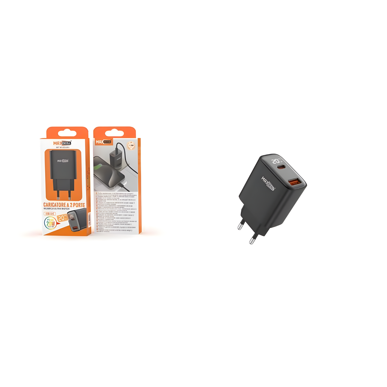 Caricatore Max Excell PD-QC 20W 2 Porte USB + USB-C
