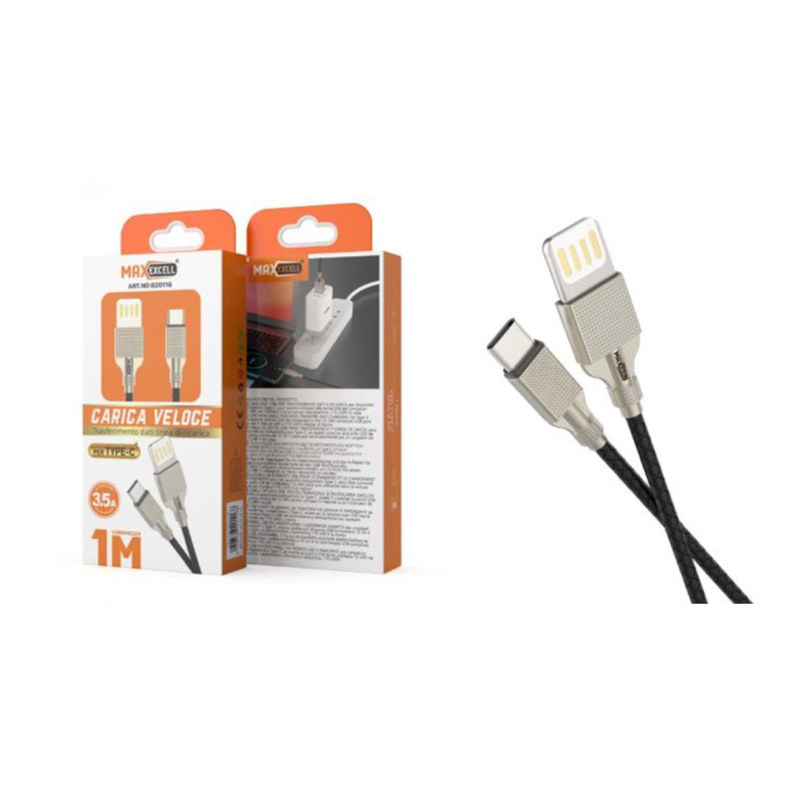 Cavo USB Type-C Max Excell 3.5A Intrecciato con Connettori in Metallo