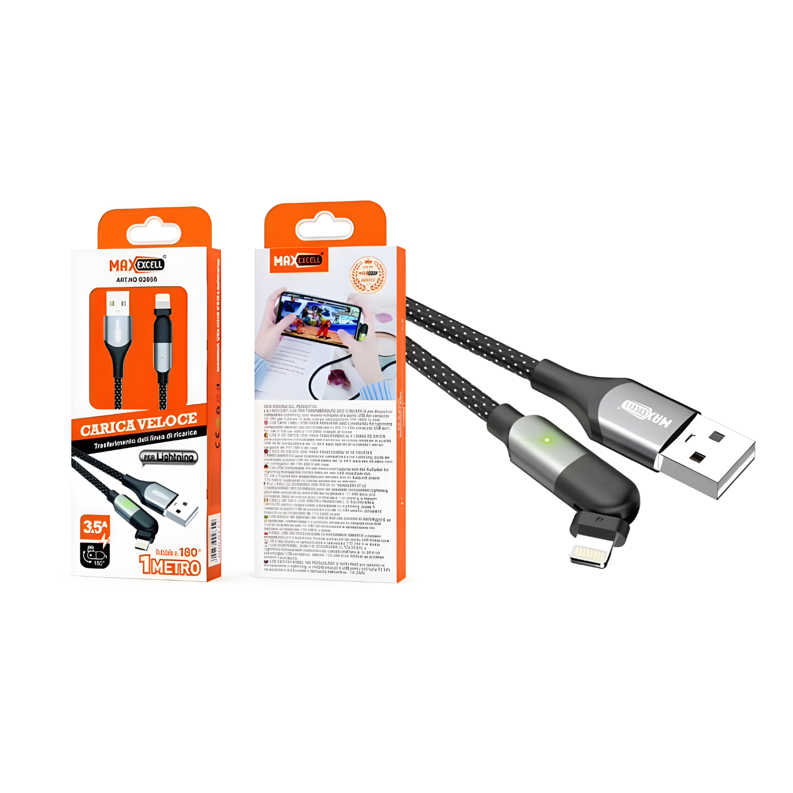 Cavo USB Type-C Max Excell 3.5A Intrecciato con LED e Connettore 180°