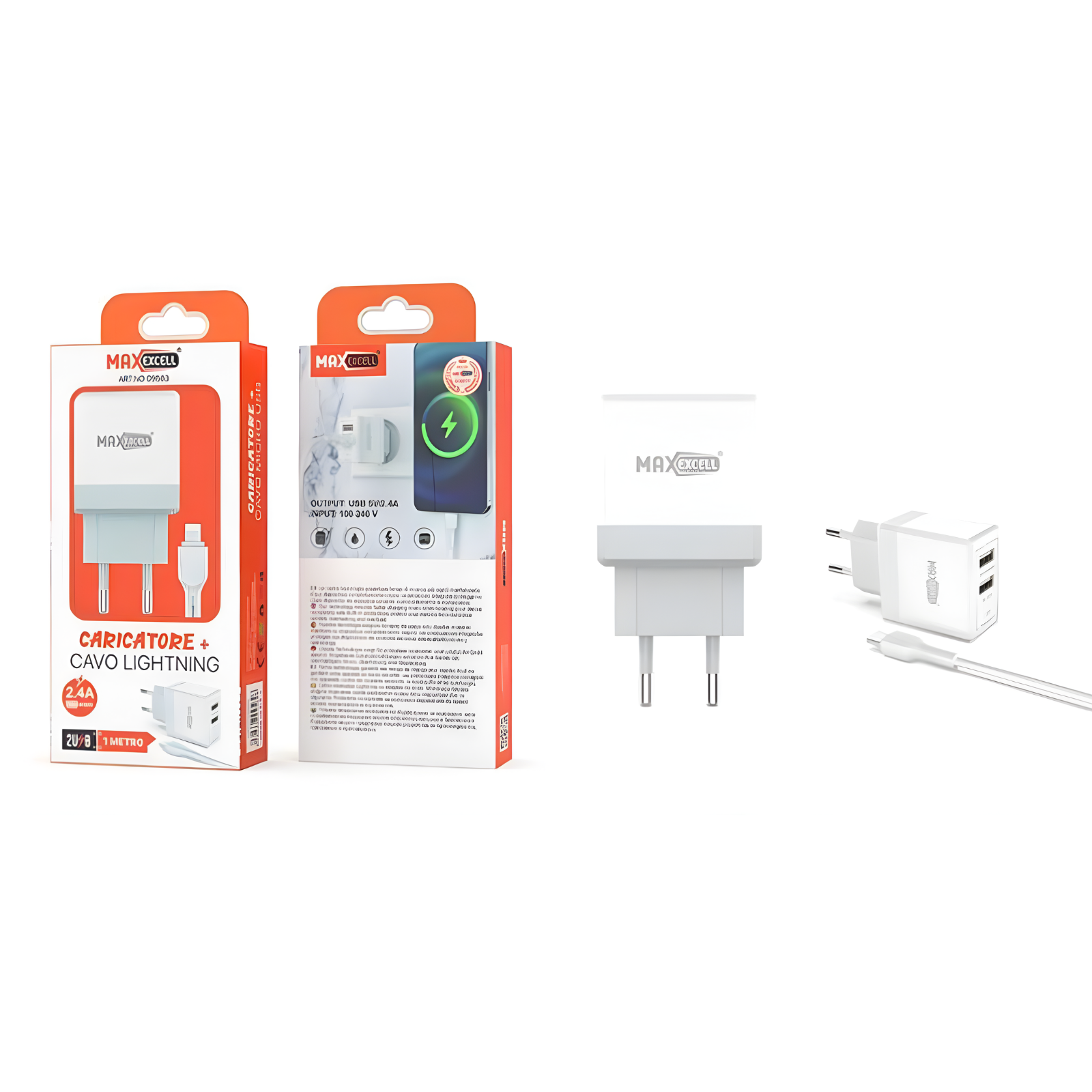 Caricatore Maxexcell 2.4A Doppia USB con Cavo Lightning 1m
