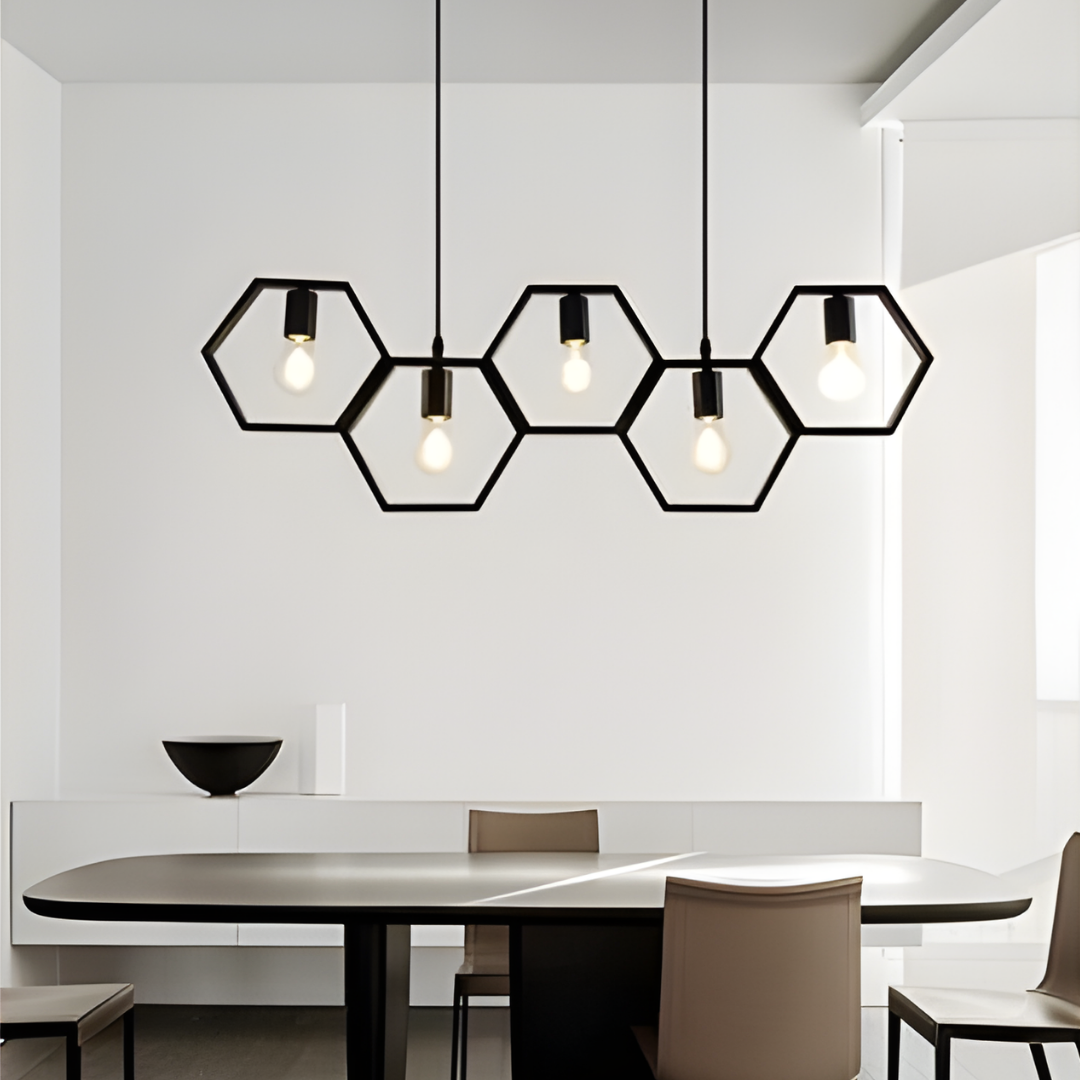 Lampadario moderno 5 luci E27 design geometrico esagonale nero