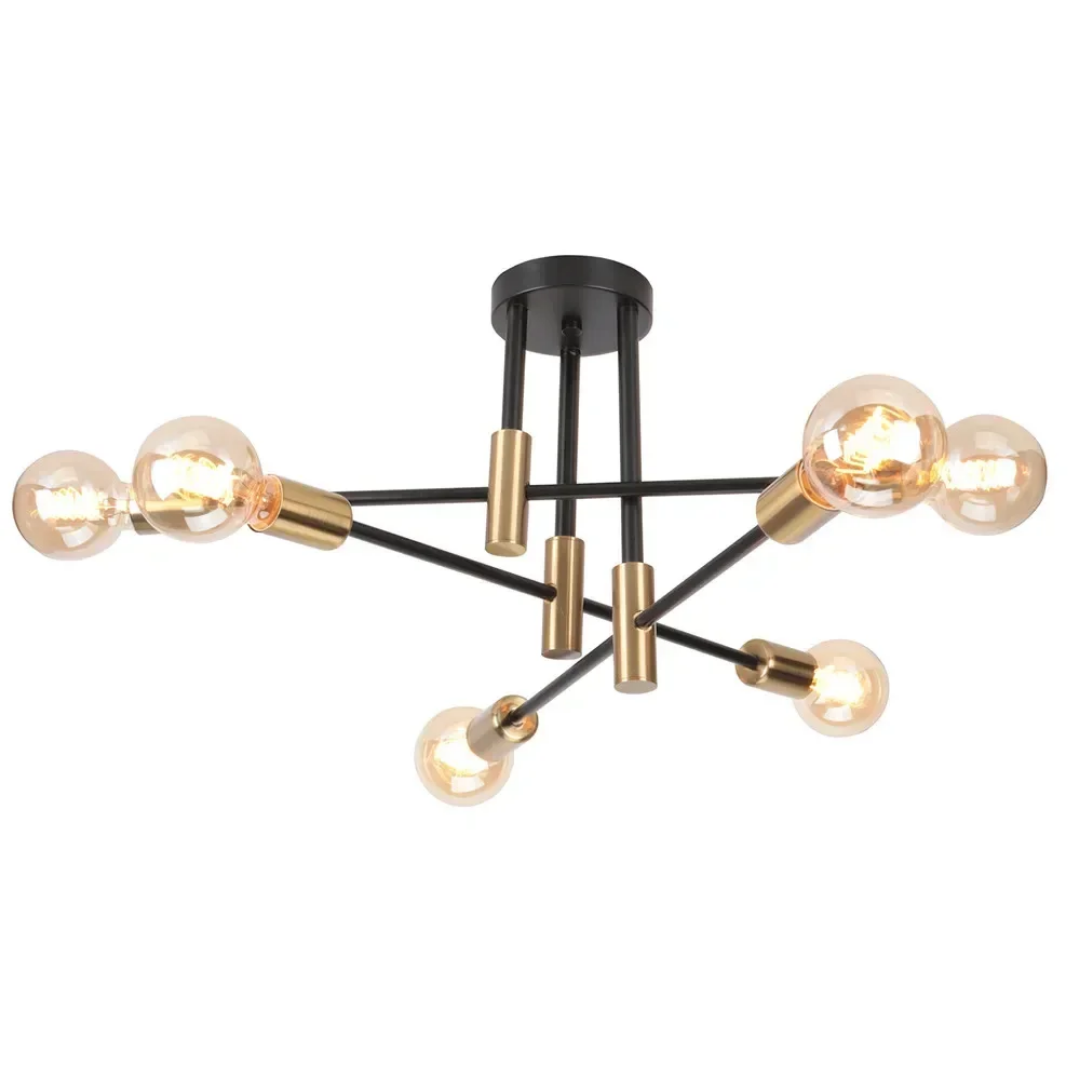 Plafoniera moderna 6 luci E27 nero e oro design industriale