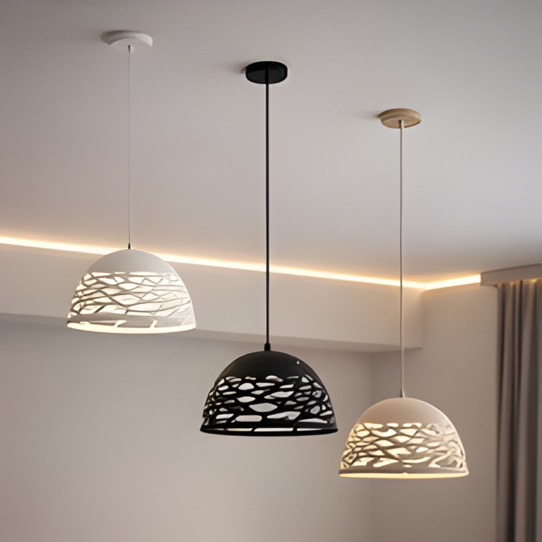 Lampadario a sospensione E27 design moderno traforato metallo nero, bianco o oro satinato