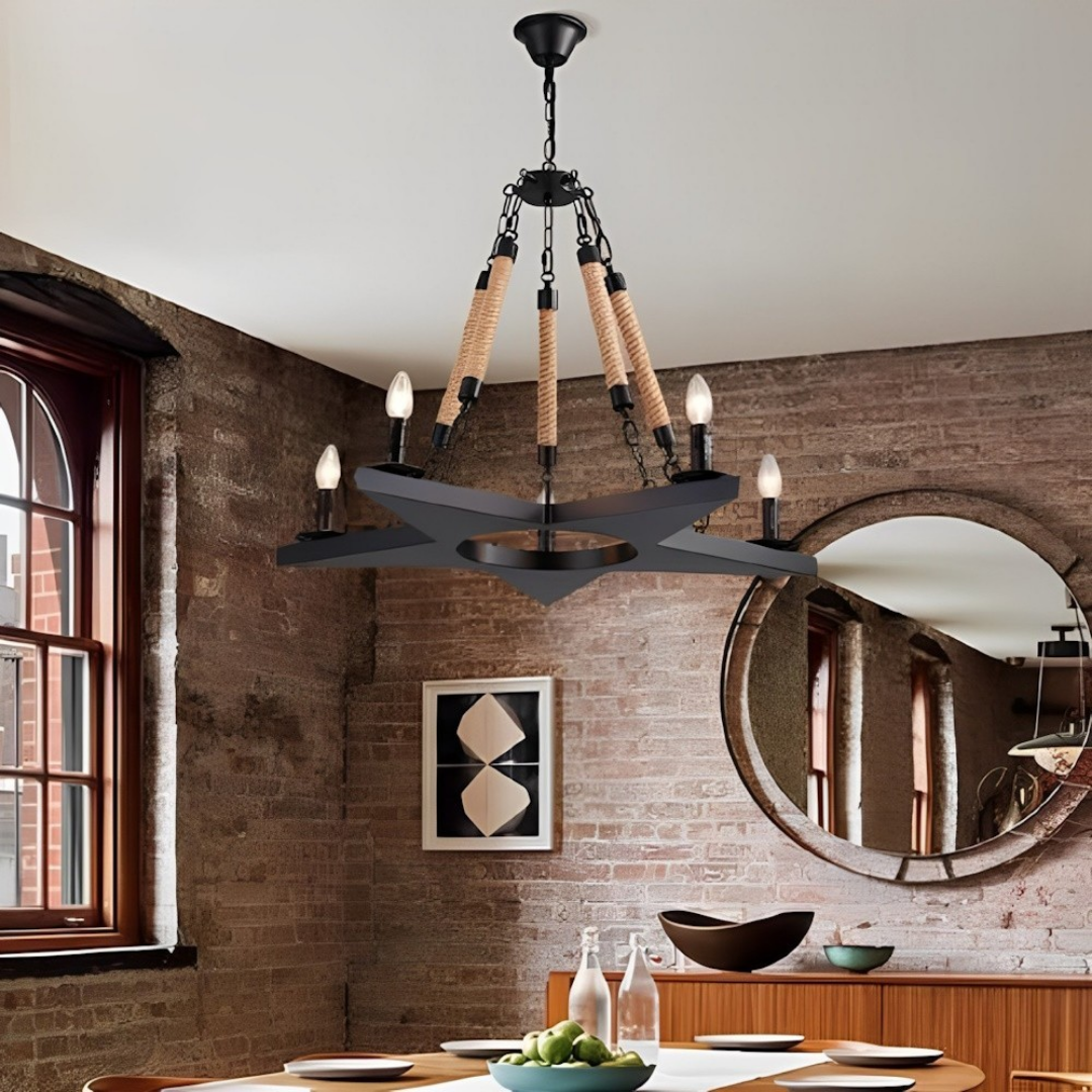 Lampadario a sospensione rustico 5 luci E14 in metallo e corda stile vintage