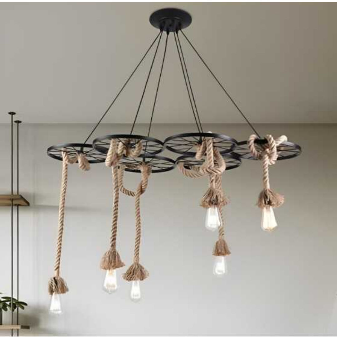 Lampadario a sospensione rustico 6 luci E27 con corde in canapa stile industriale
