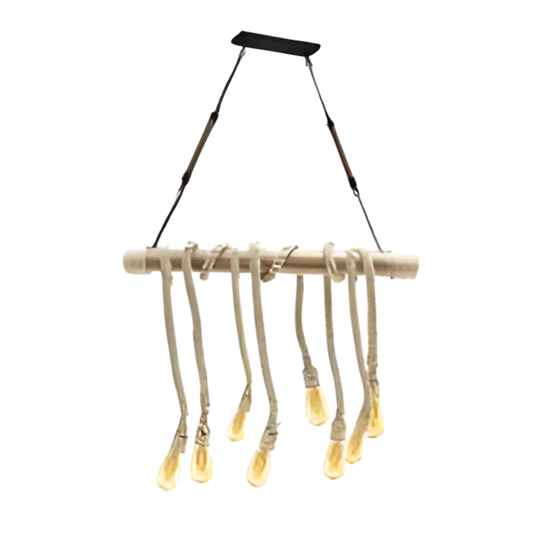 Lampadario a sospensione rustico 8 luci E27 in corda canapa e bambù