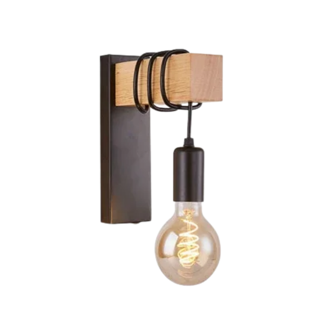 Applique da parete E27 stile industriale con supporto in legno e metallo nero