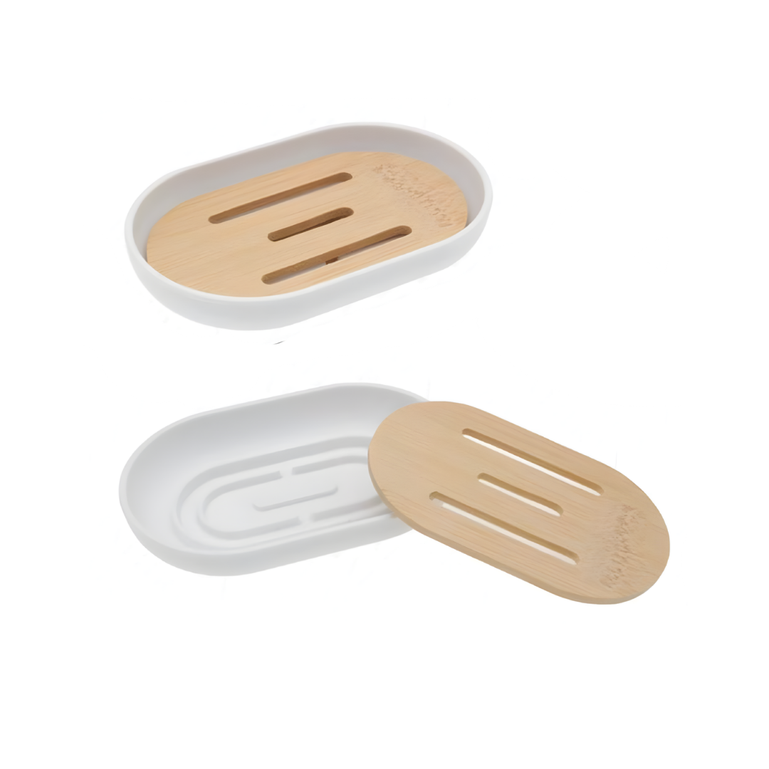Portasaponetta Bianco con Inserto Bambù Bathrex L.Bambù
